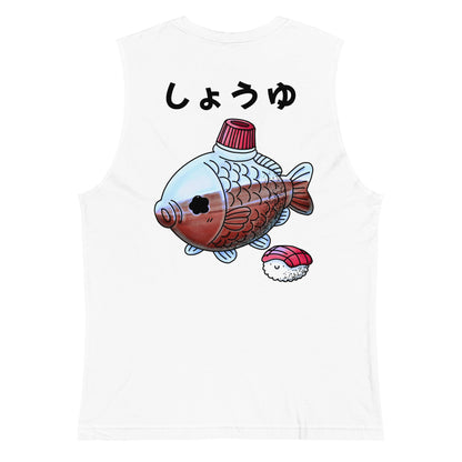 Fish-shaped soy sauce tank top featuring a cute Japanese bento soy sauce packet illustration in a playful JapPop style