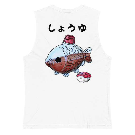 Fish-shaped soy sauce tank top featuring a cute Japanese bento soy sauce packet illustration in a playful JapPop style