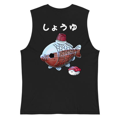 Fish-shaped soy sauce tank top featuring a cute Japanese bento soy sauce packet illustration in a playful JapPop style