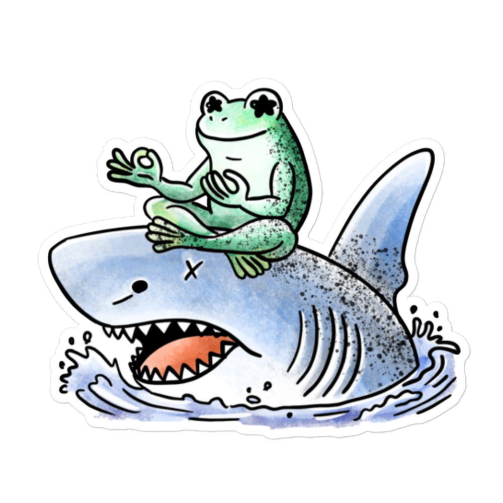Stillness sticker illustration featuring a calm meditating frog resting on a shark, expressing balance and quiet contrast in JapPop style.