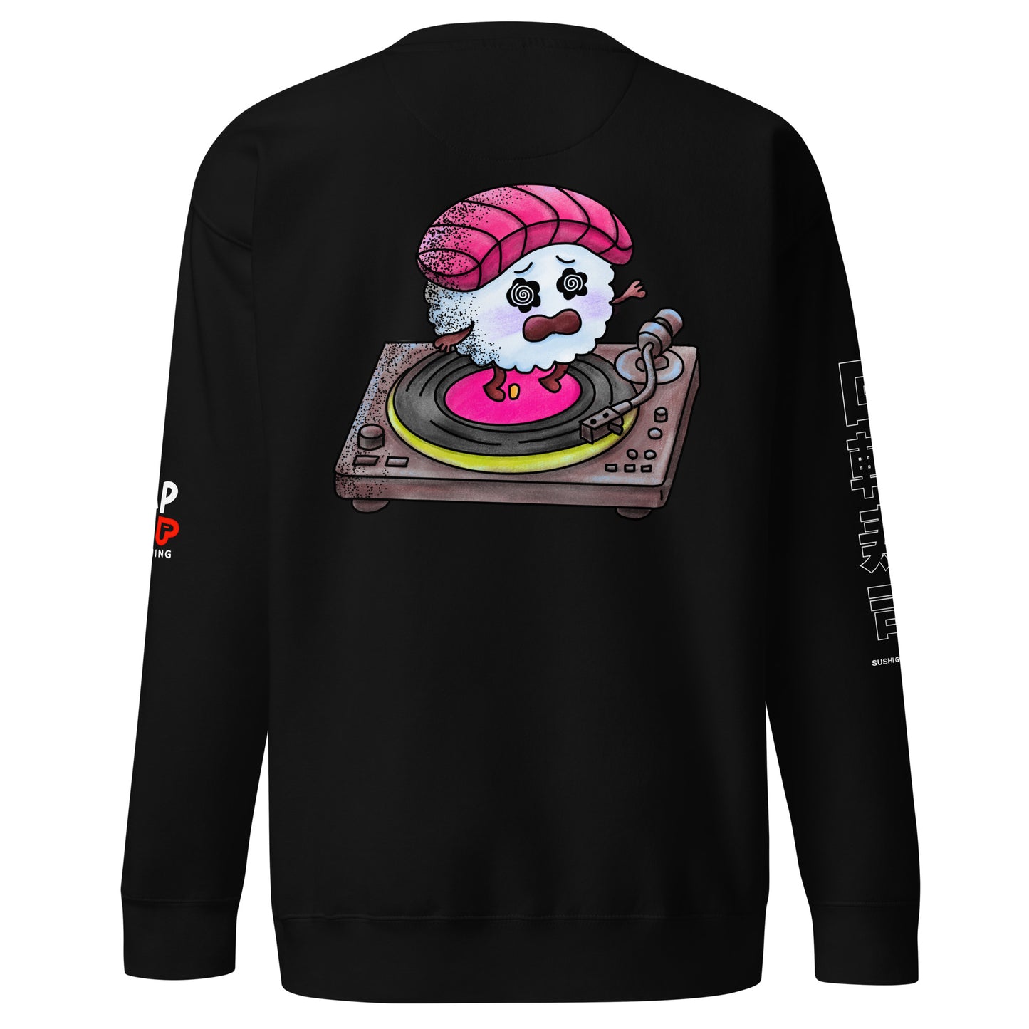Graphic sweatshirt featuring a colorful sushi go round illustration with cute sushi pieces riding a conveyor belt in a playful Japanese-inspired pop art style.