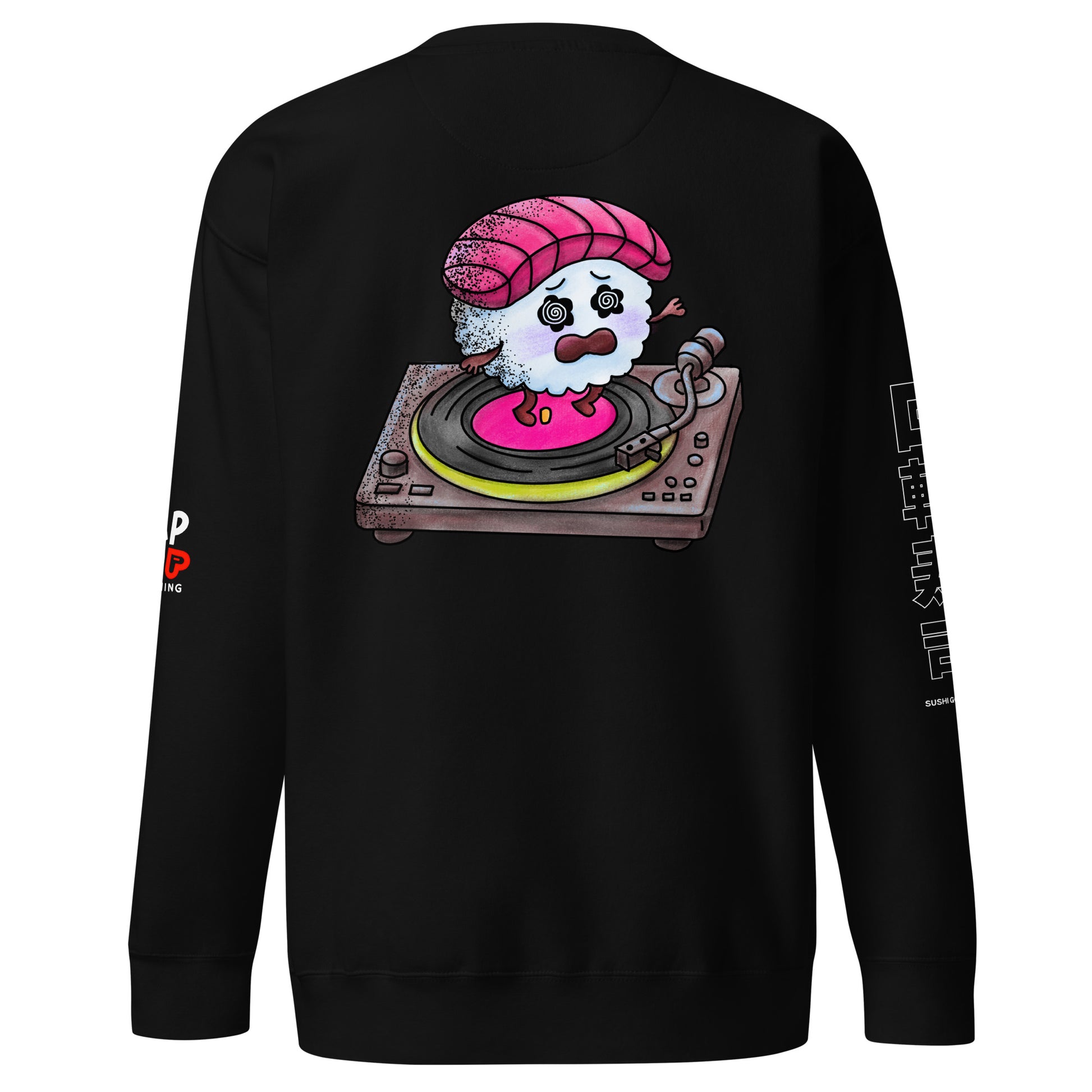Graphic sweatshirt featuring a colorful sushi go round illustration with cute sushi pieces riding a conveyor belt in a playful Japanese-inspired pop art style.
