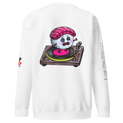 Japanese sushi conveyor belt illustration printed on a sweatshirt, featuring cute sushi plates circling on a sushi go round in playful JapPop style.