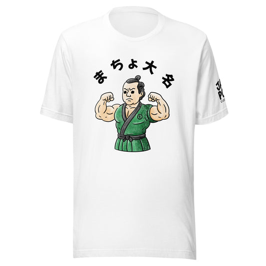 Macho Daimyō Japanese graphic T-shirt featuring muscular feudal lord character with bold, playful design inspired by samurai-era culture