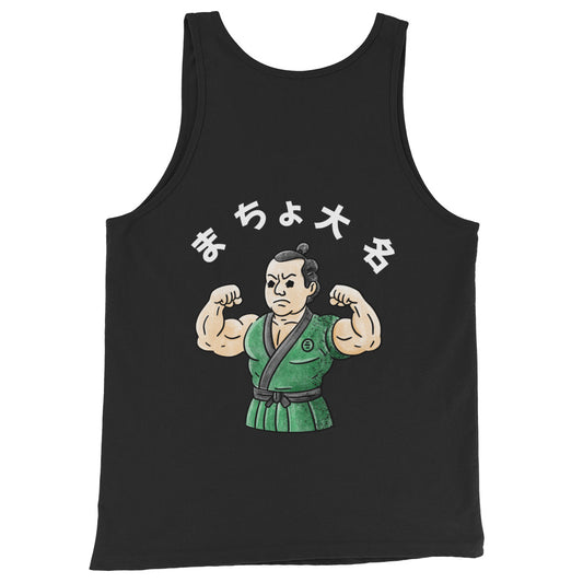 Men’s tank top featuring Macho Daimyō Japanese graphic design with muscular feudal lord character inspired by samurai-era culture