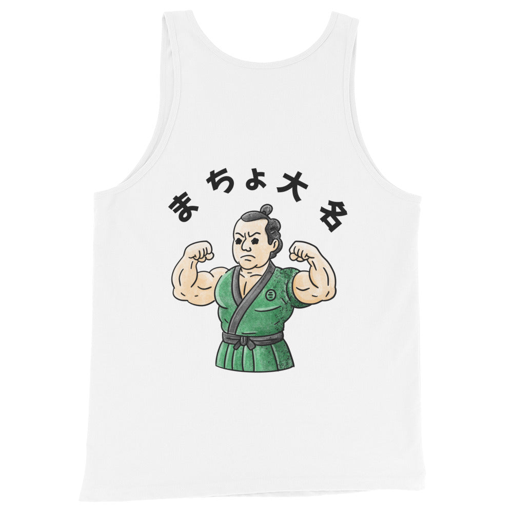 Men’s tank top featuring Macho Daimyō Japanese graphic design with muscular feudal lord character inspired by samurai-era culture