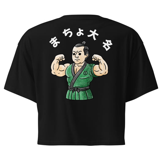 Women’s crop top featuring Macho Daimyō Japanese graphic design with muscular feudal lord character in a bold and playful style inspired by samurai-era culture