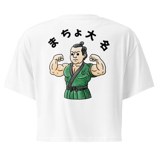 Women’s crop top featuring Macho Daimyō Japanese graphic design with muscular feudal lord character in a bold and playful style inspired by samurai-era culture