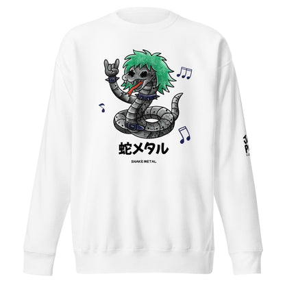 A graphic sweatshirt featuring a bold snake design with Japanese text “蛇メタル,” inspired by heavy metal and JapPop streetwear style.