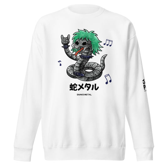 A graphic sweatshirt featuring a bold snake design with Japanese text “蛇メタル,” inspired by heavy metal and JapPop streetwear style.