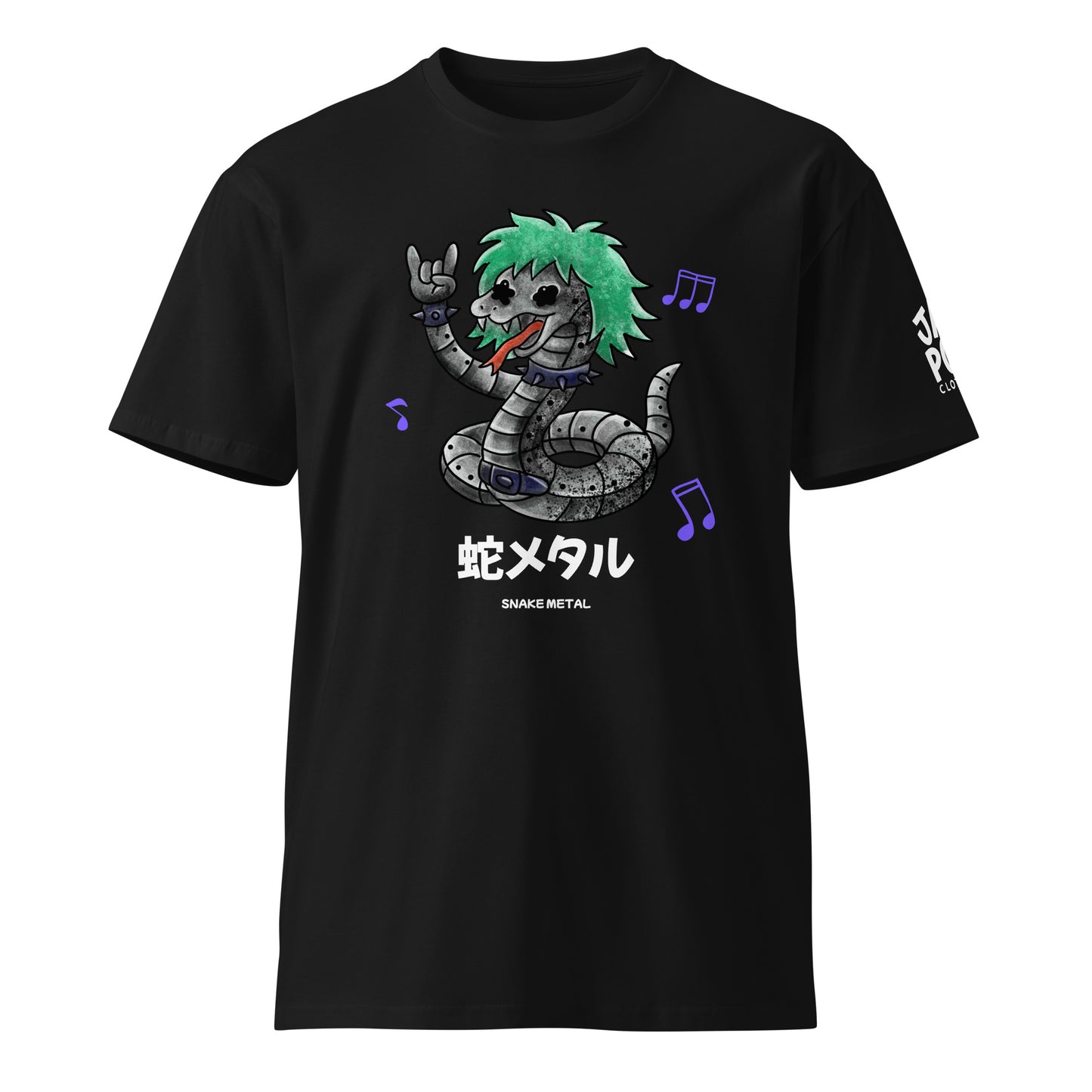 A graphic t-shirt featuring a bold snake design with Japanese text “蛇メタル,” inspired by heavy metal and JapPop streetwear style.