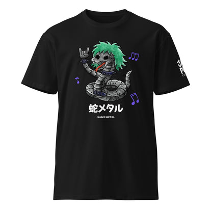 A graphic t-shirt featuring a bold snake design with Japanese text “蛇メタル,” inspired by heavy metal and JapPop streetwear style.