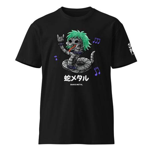 A graphic t-shirt featuring a bold snake design with Japanese text “蛇メタル,” inspired by heavy metal and JapPop streetwear style.