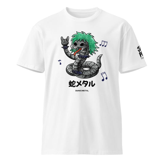 A graphic t-shirt featuring a bold snake design with Japanese text “蛇メタル,” inspired by heavy metal and JapPop streetwear style.