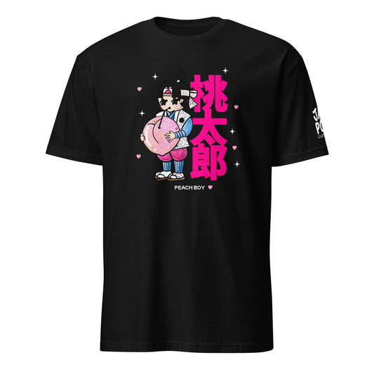 A black short-sleeve t-shirt with a colorful graphic print on the front. The graphic features a cartoon character holding a pink donut, surrounded by pink Japanese text and small hearts, with the text 'PEACH BOY' underneath.